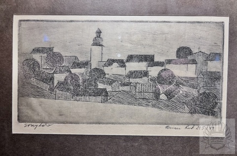 Obraz Miasto Stryków- panorama, akwafortaTomasz Rut 1989